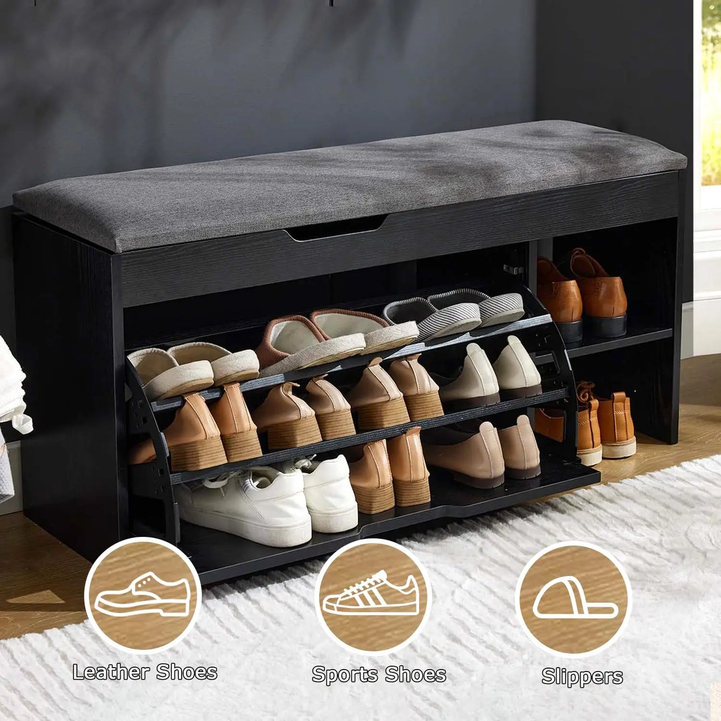 Shoe Storage entryway Bench with seat cushion Flip Drawers & Lift Top Storage Box,3-Tier Short Shoe