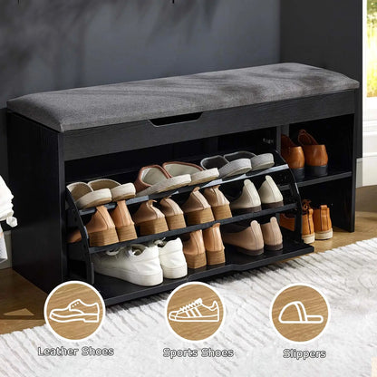 Shoe Storage entryway Bench with seat cushion Flip Drawers & Lift Top Storage Box,3-Tier Short Shoe
