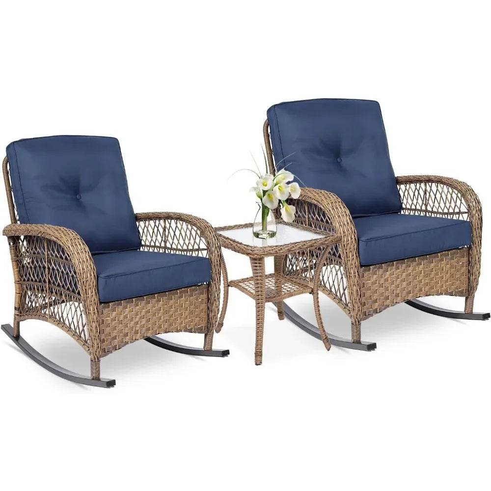 3-piece outdoor patio wicker rocking chairs rattan furniture sets w/ 2 rattan chairs, cushions, glass