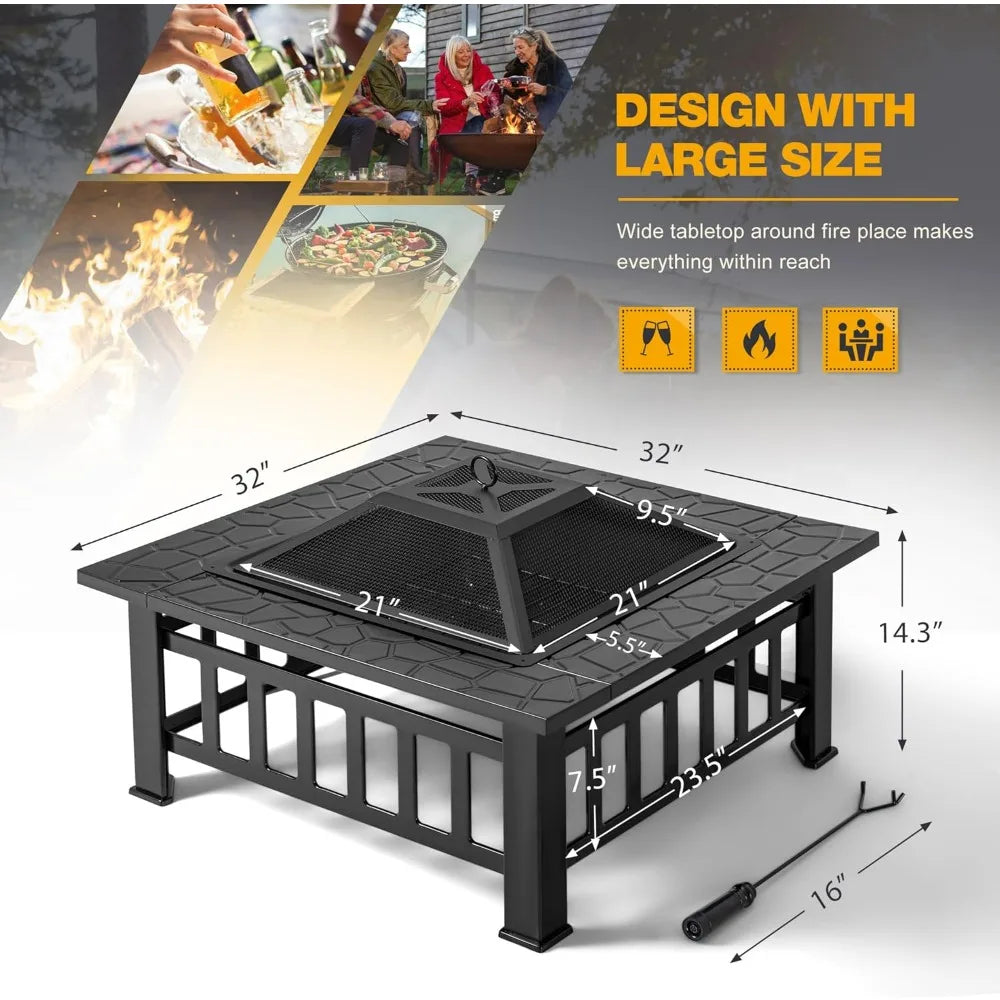 Outdoor Fire Pit, 32 Inch Table Metal Outdoor Fireplaces with Waterproof Cover (Black)