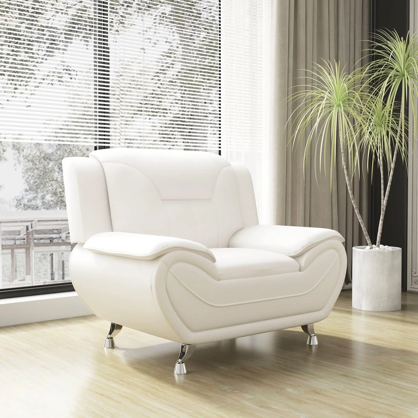 Elegant Compact Sofa  Beautiful Seams, White Faux Leather