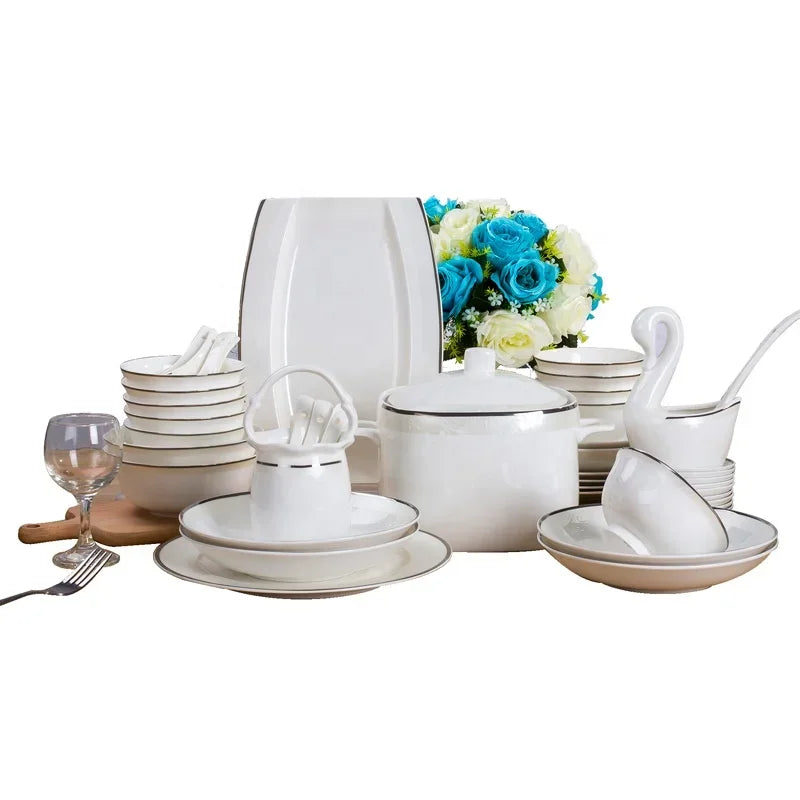 60-Piece Porcelain Set Light Luxury Silver Edge Dinner Set