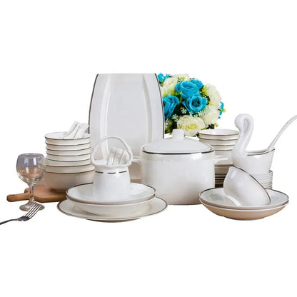 60-Piece Porcelain Set Light Luxury Silver Edge Dinner Set