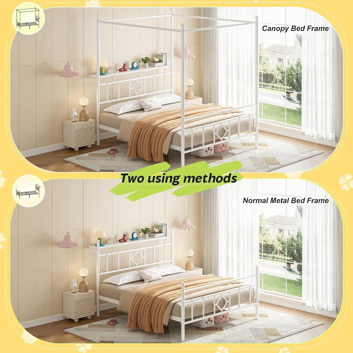 Canopy Bed Frame with Storage Headboard Metal Platform Bed