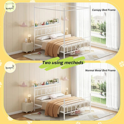 Canopy Bed Frame with Storage Headboard Metal Platform Bed