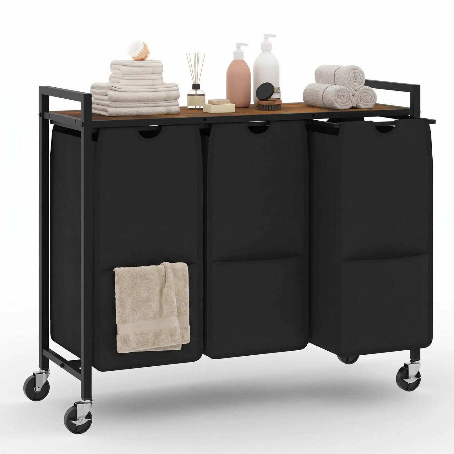 Rolling Laundry Hamper with Shelf 3 Section Laundry Sorter with Removable Bags Wheels Heavy Duty