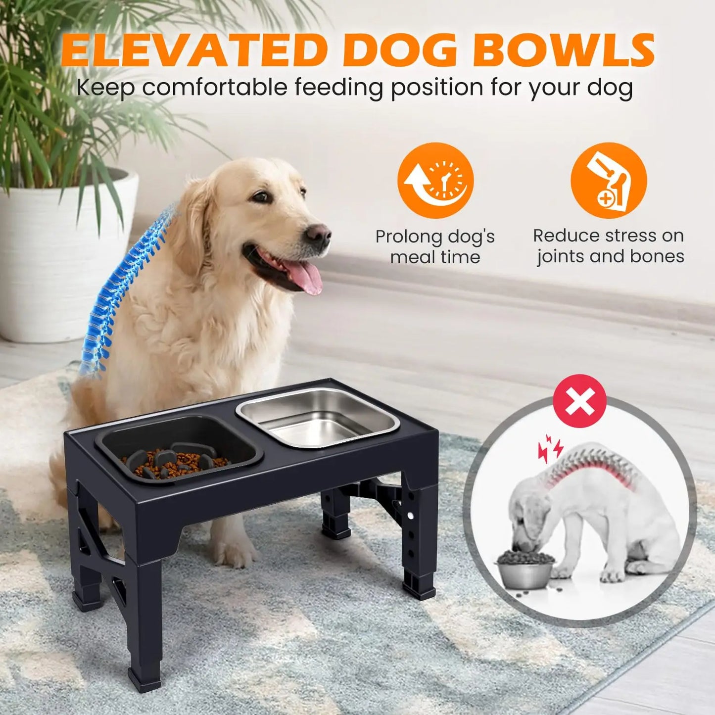 Elevated Slow Feeder Dog Bowls, Non-Slip Stainless Steel/Plastic/ Pet Food & Water Bowls with Foldable Stand
