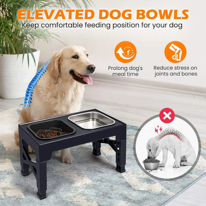 Elevated Slow Feeder Dog Bowls, Non-Slip Stainless Steel/Plastic/ Pet Food & Water Bowls with Foldable Stand