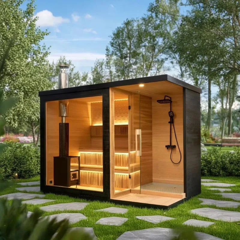Outdoor Square Traditional Sauna Room Steam Hot Tub Combo