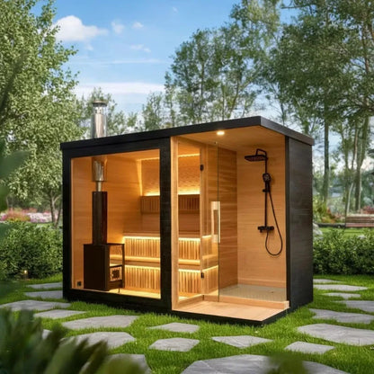 Outdoor Square Traditional Sauna Room Steam Hot Tub Combo