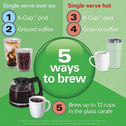 FlexBrew 5-In-1 Coffee Maker, Single Serve, 12-Cup Coffee Pot, Hot & Iced, K-Cup Pod Compatible or Grounds,