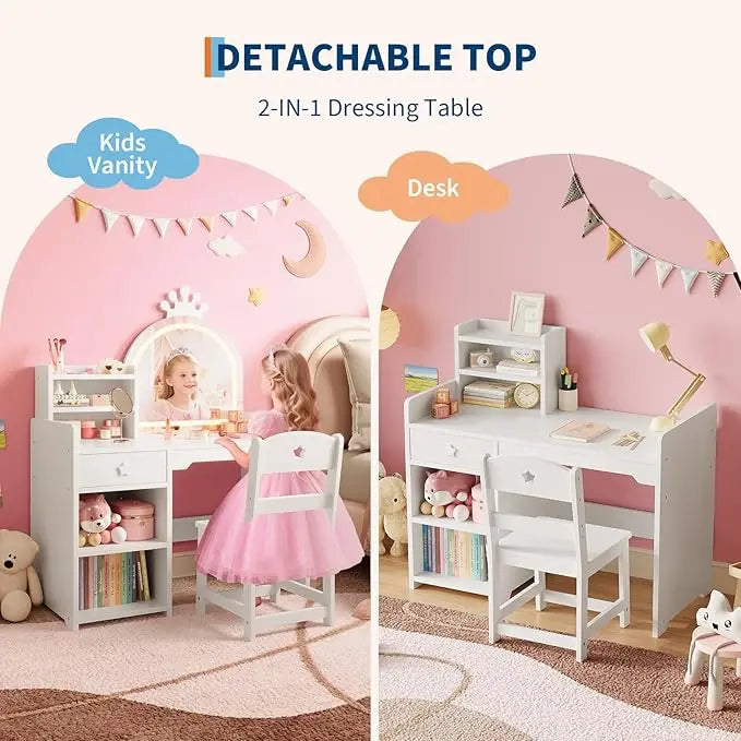 2 in 1 Princess Makeup Vanity Desk & Chair Set with Open Bookshelf for Girls