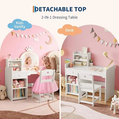 2 in 1 Princess Makeup Vanity Desk & Chair Set with Open Bookshelf for Girls