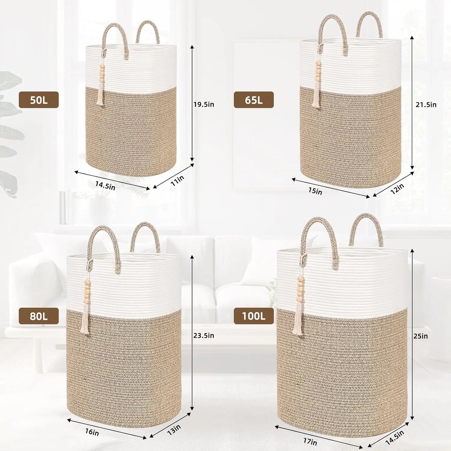 Woven Laundry Basket with Bead Tassel, Large Rectangle Hamper for Clothes, Nursery Storage