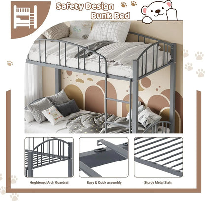 Metal Loft Bed Bunk Beds Twin Over Full Size with Heightened Safety Guardrail & Ladder