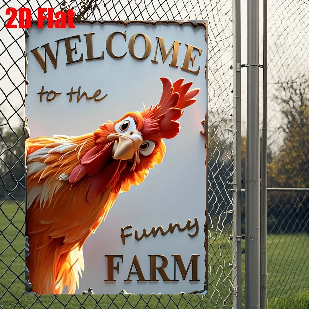 "Welcome to the Funny Farm" Rooster Metal Wall Sign, 2D Flat 12"x8" - Rustic Iron Weather-Resistant Decor