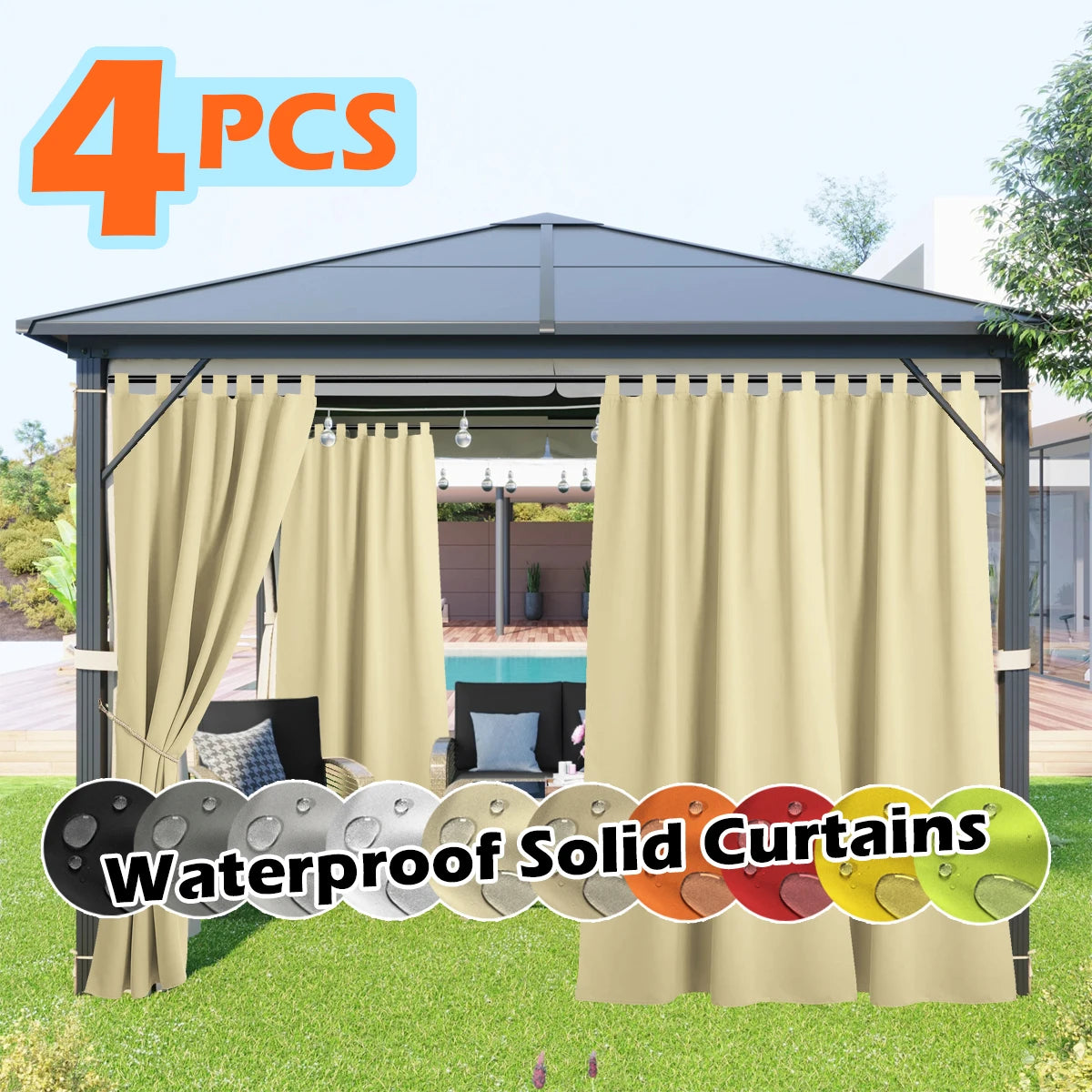 4 Panels Outdoor Curtains, Waterproof & UV-Resistant Tab Top Design