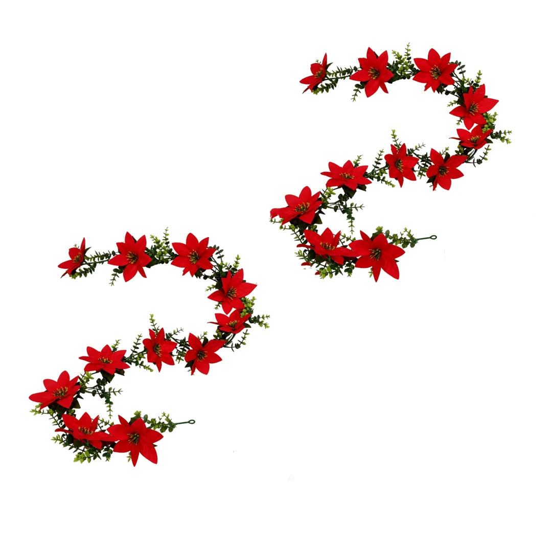 2Pcs Artificial Christmas Garland Red Poinsettia Eucalyptus Faux Flower