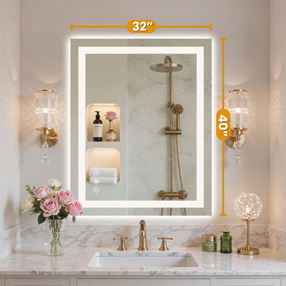 LED Bathroom Vanity Mirror for Wall Memory Function Tempered Glass with 3 Color Temperatures Front Light