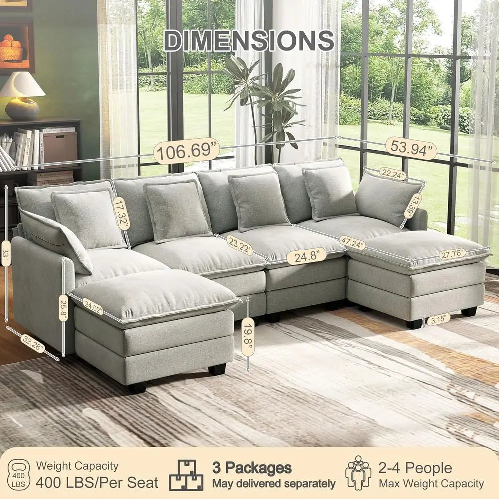 Cloud Couch Sectional Seat Deep Seat Couch with 6 Removable Washable Pillows and 2 Ottoman