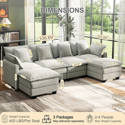 Cloud Couch Sectional Seat Deep Seat Couch with 6 Removable Washable Pillows and 2 Ottoman