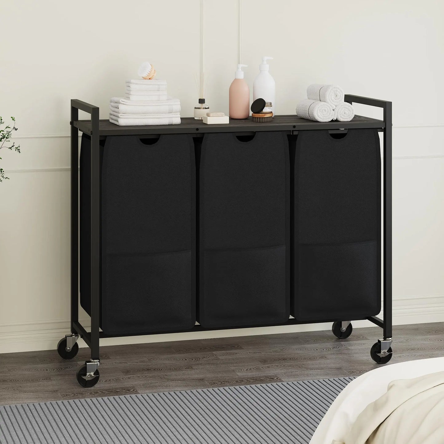 Rolling Laundry Hamper with Shelf 3 Section Laundry Sorter with Removable Bags Wheels Heavy Duty