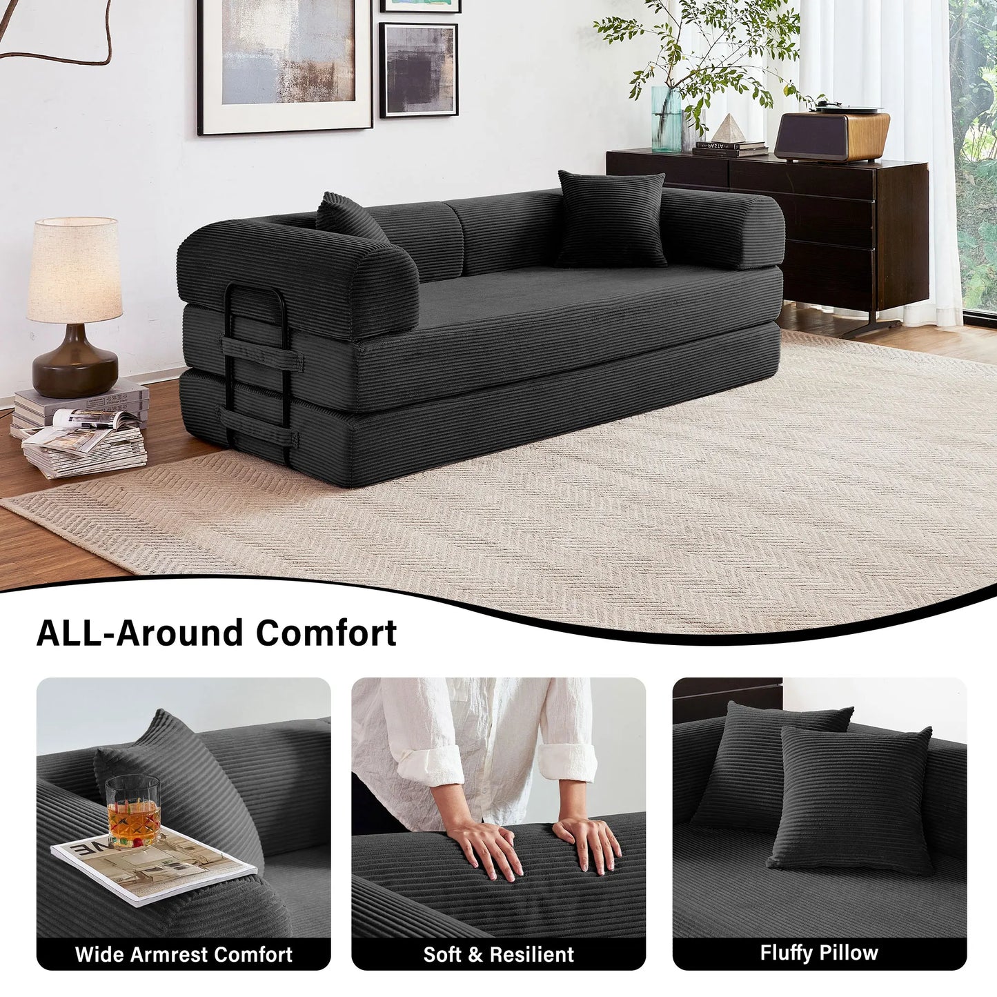 Couch Foldable Convertible Futon Sleeper Sofa Bed Floor Lounge with L-Shaped Armrests