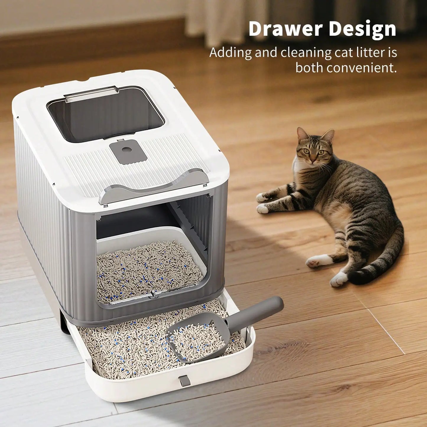 Foldable Cat Litter Box, Fully Enclosed Litter Box with Lid, Covered Enclosure with Scoop, Odor Control, Easy to Clean