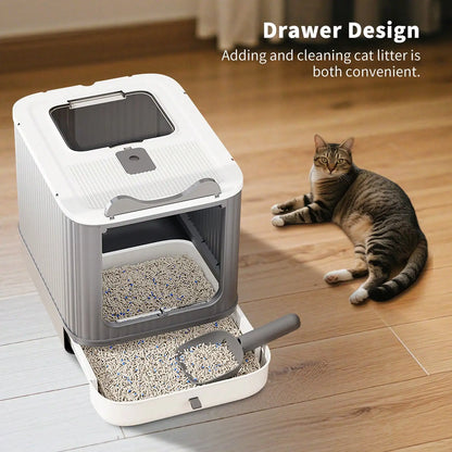 Foldable Cat Litter Box, Fully Enclosed Litter Box with Lid, Covered Enclosure with Scoop, Odor Control, Easy to Clean