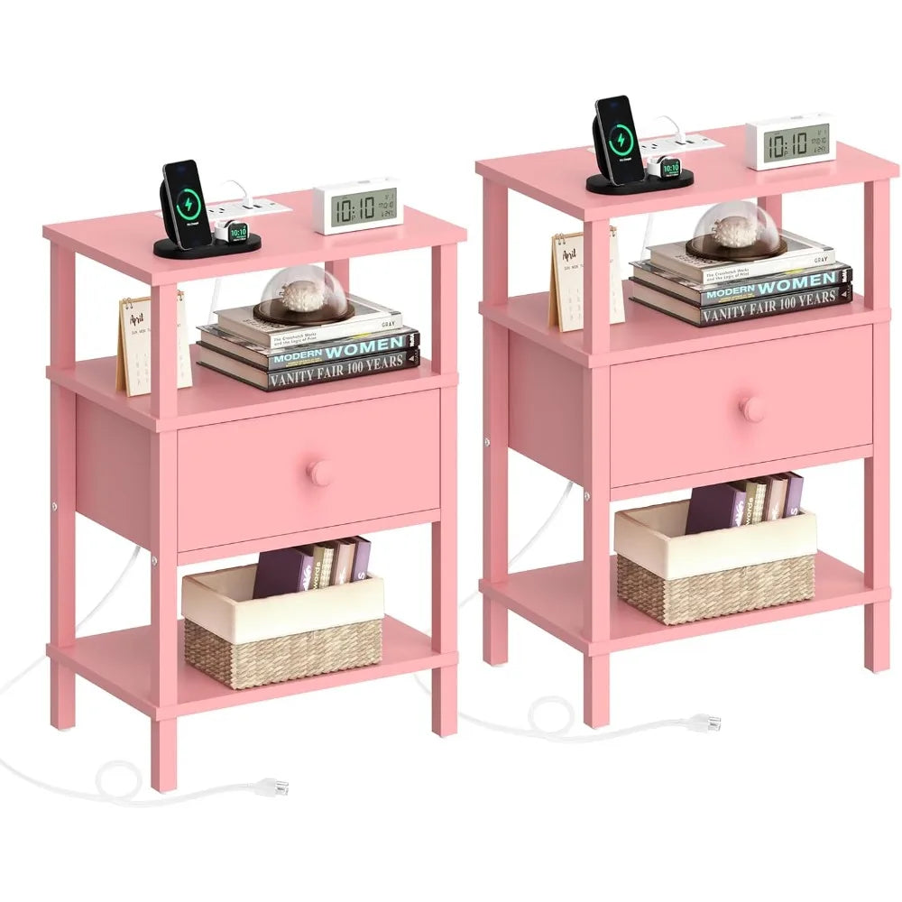 3-Tier Storage End Table with Drawer Shelf, Nightstand with charging station