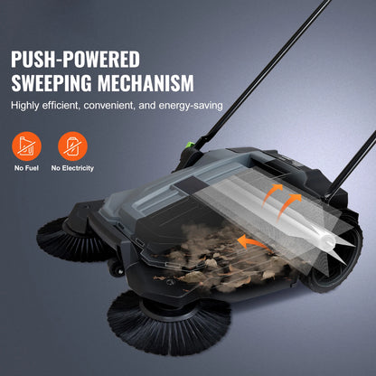 SucceBuy Walk-behind Hand Push Floor Sweeper 5-Gal Waste Container Angle & Height Adjustable