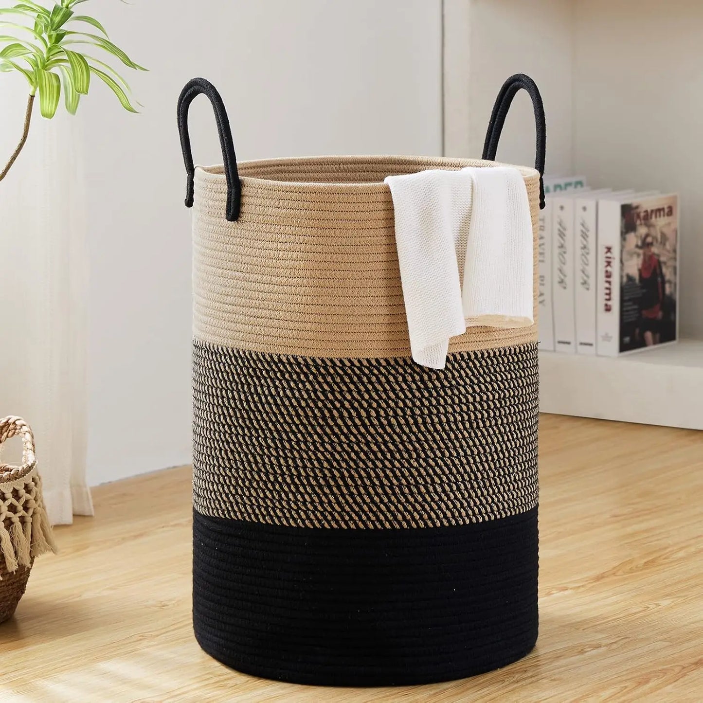 Large Storage Basket Tall Woven Laundry Hamper with Handles Foldable Cotton Rope