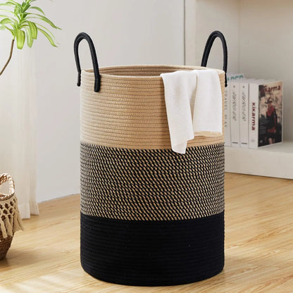 Large Storage Basket Tall Woven Laundry Hamper with Handles Foldable Cotton Rope
