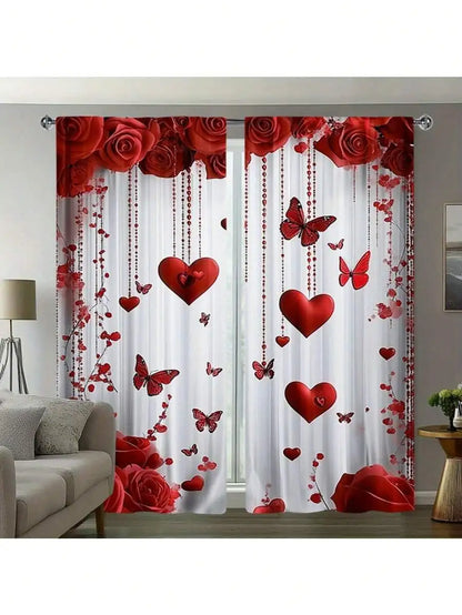 Set Of 2 Valentines Day Curtains with Red Roses Hearts and Butterflies