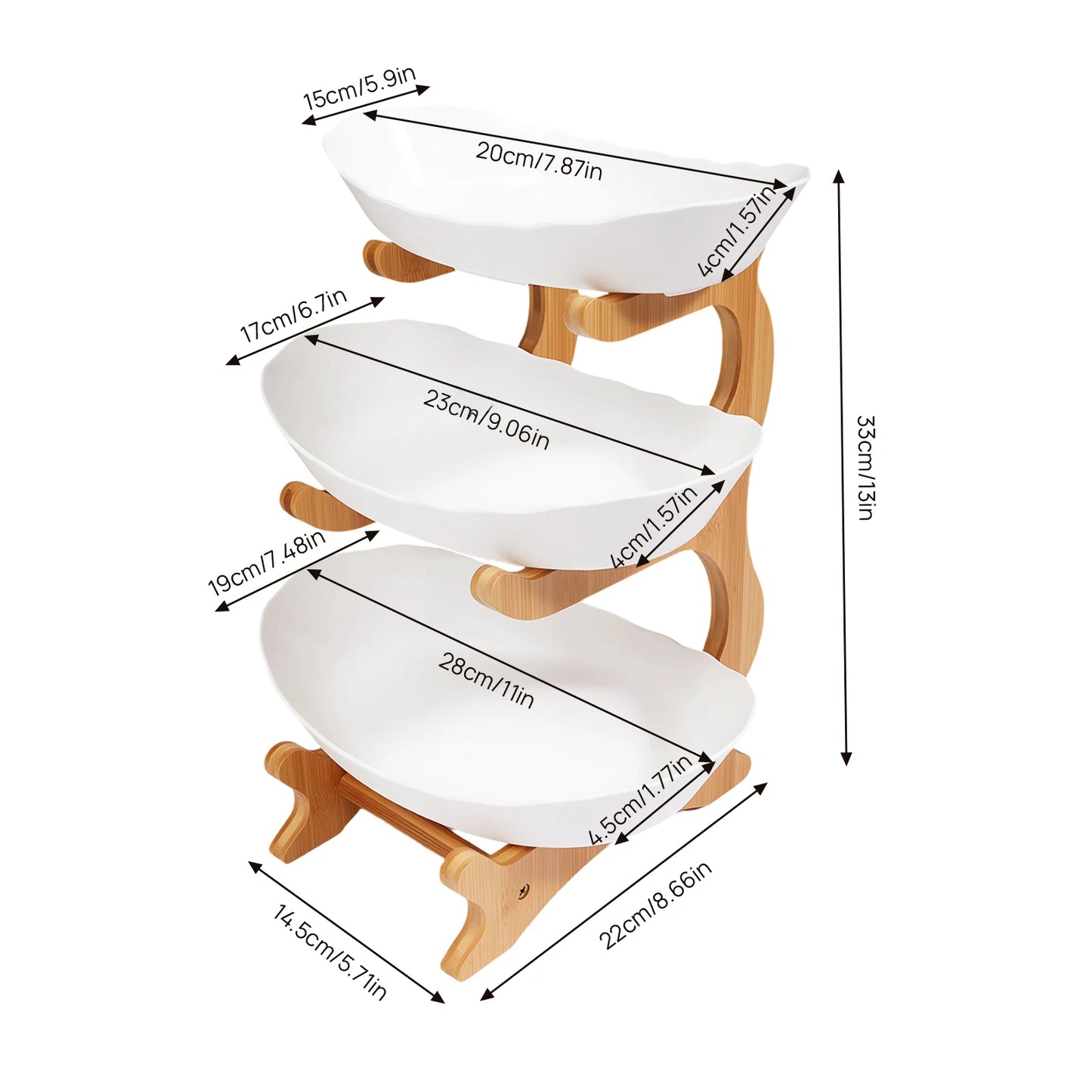 3-Tier Fruit Plate, Snack Dessert Cake for Party Wedding, Bowl W/ Bamboo Wood Stand
