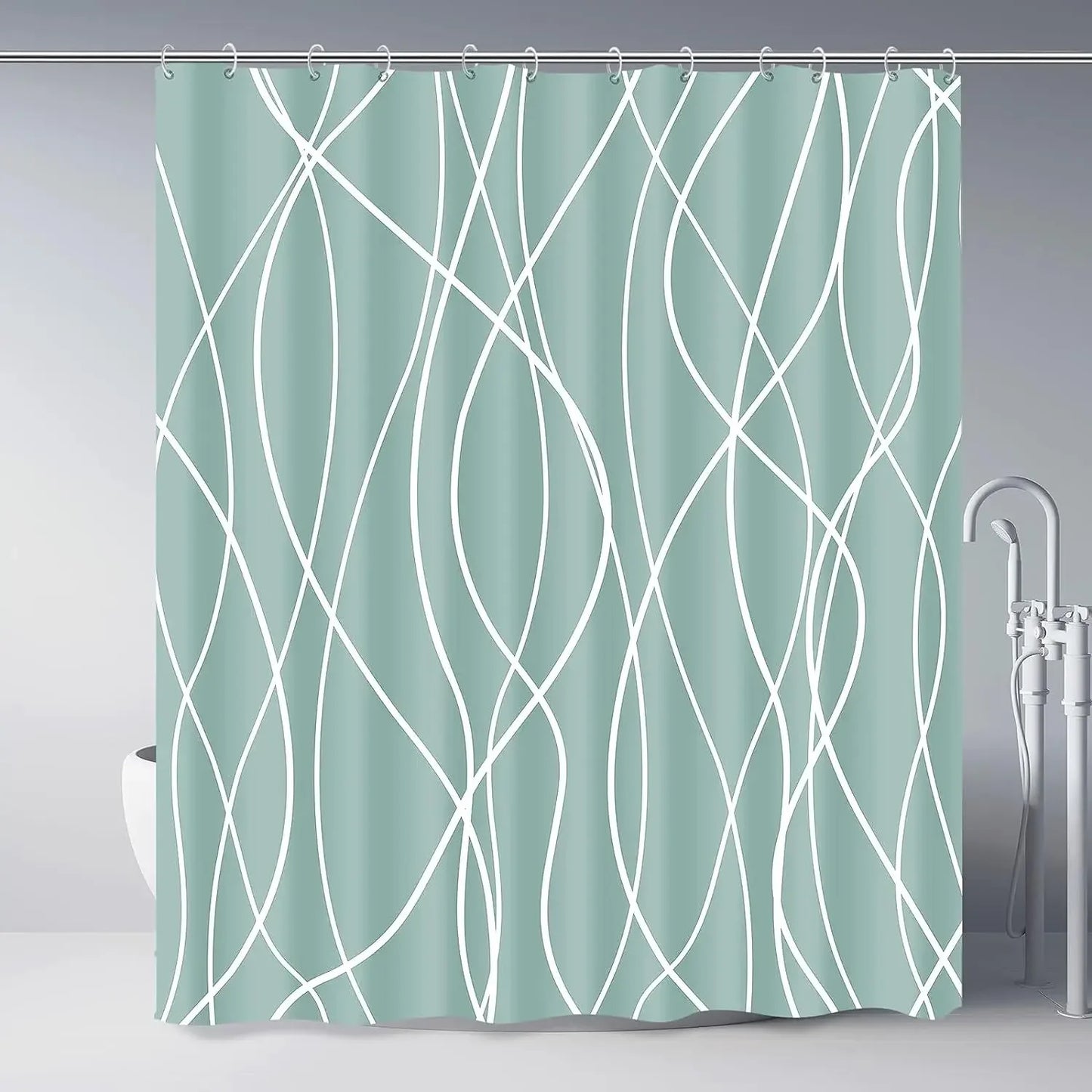 unframed Modern black and white striped corrugated fabric bathroom shower curtain.