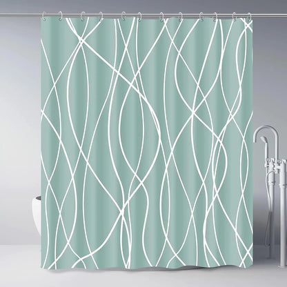 unframed Modern black and white striped corrugated fabric bathroom shower curtain.