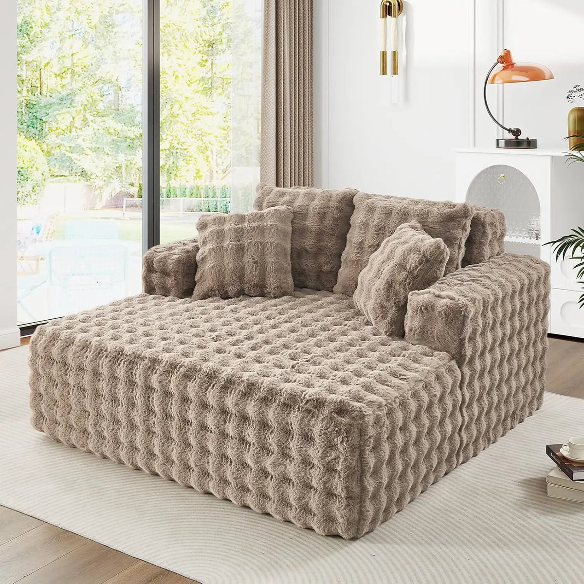 56" Oversized Chaise Lounge Plush Faux Fur Sleeper Sofa Couch Bed with Pillows