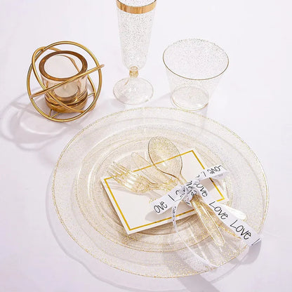 50 People Plastic Dinner Plates 7.25inch 10.25inch Gold Plastic Lace Plates
