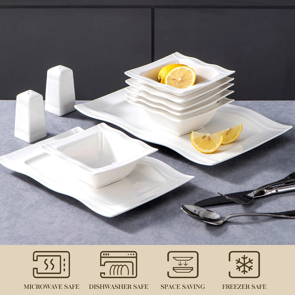 Square Dinnerware Sets 28 Piece White Porcelain Plates and Bowls Set Salt Pepper Pot Salad Pasta Bowls Dinner Set