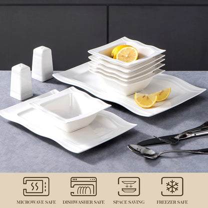 Square Dinnerware Sets 28 Piece White Porcelain Plates and Bowls Set Salt Pepper Pot Salad Pasta Bowls Dinner Set