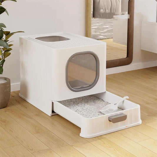 Large Cat Litter Box Pet Toilet Skylight Enclosed Drawer Scoop Covered Tray