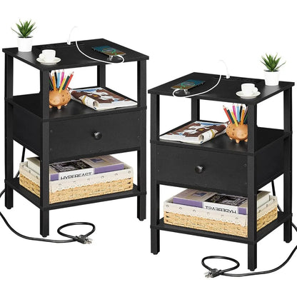 3-Tier Storage End Table with Drawer Shelf, Nightstand with charging station