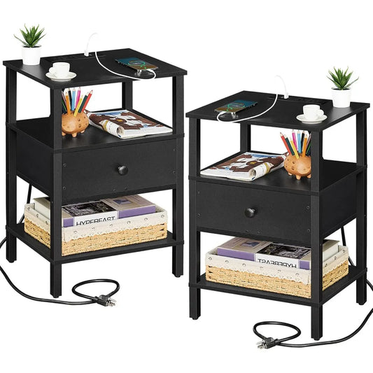 3-Tier Storage End Table with Drawer Shelf, Nightstand with charging station