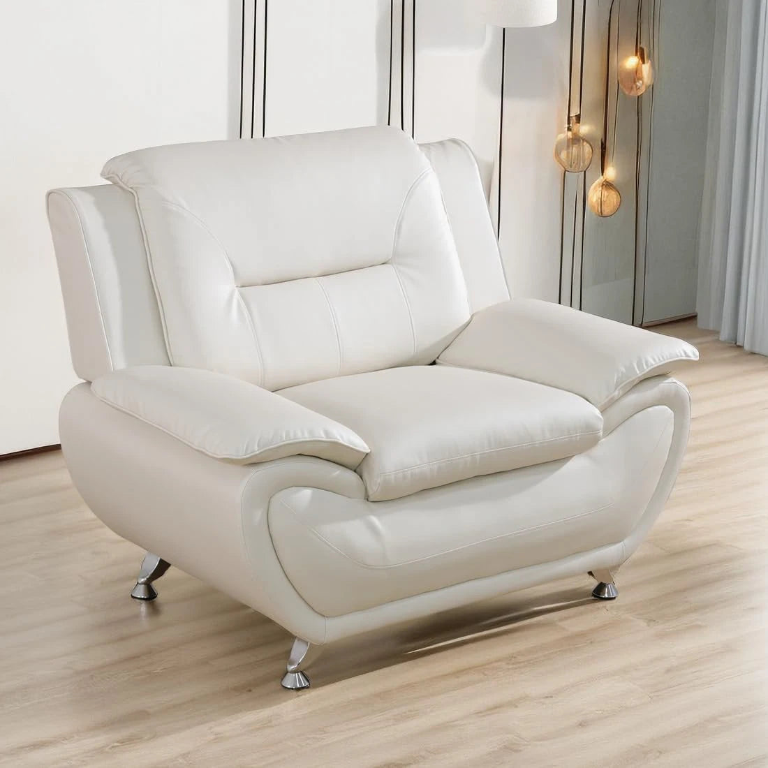 Elegant Compact Sofa  Beautiful Seams, White Faux Leather
