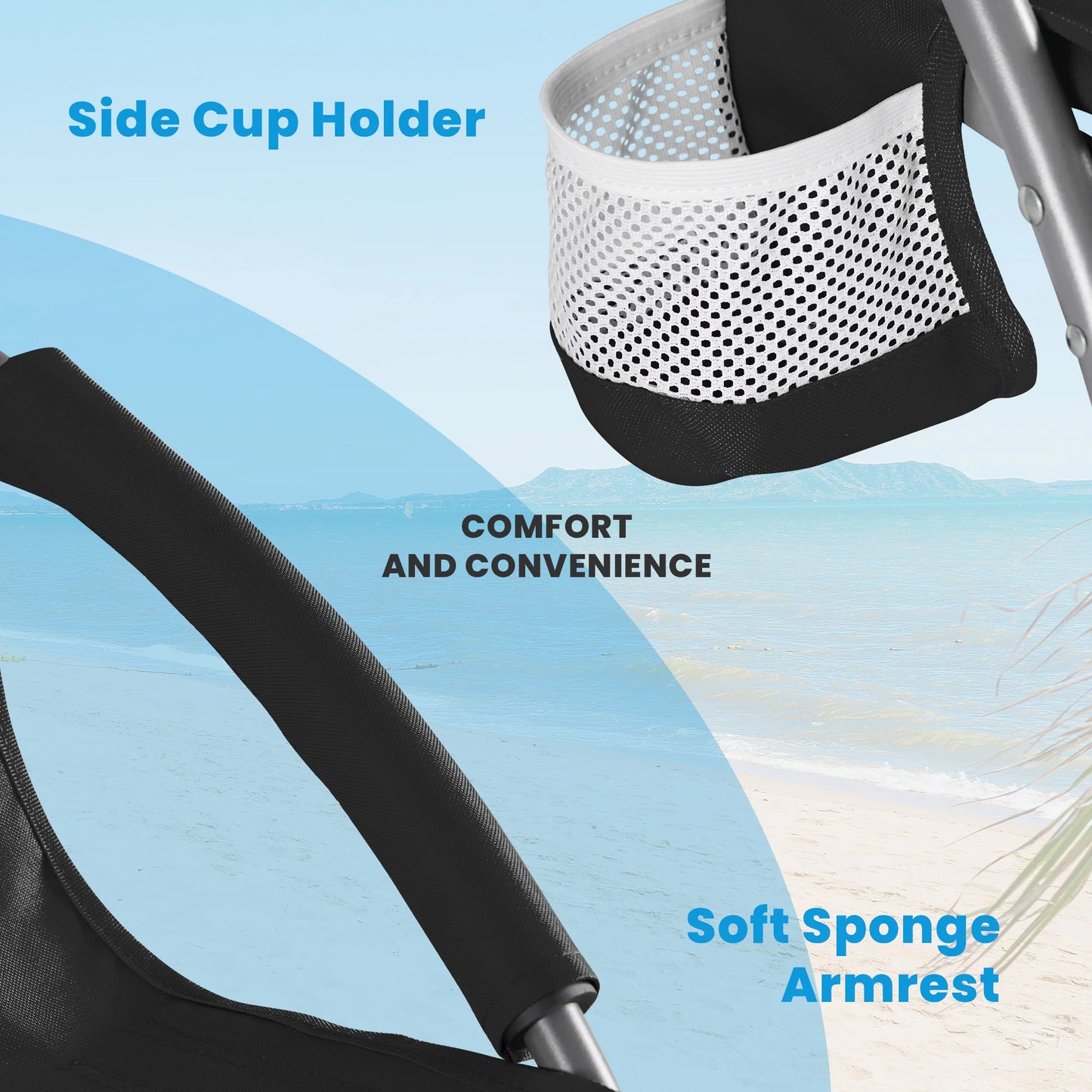 Outdoor Folding Low Beach Chair Collapsible Padded with Cup Holder Storage Bag Mesh Back