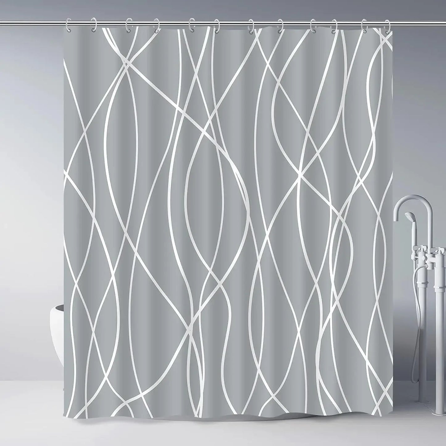 unframed Modern black and white striped corrugated fabric bathroom shower curtain.