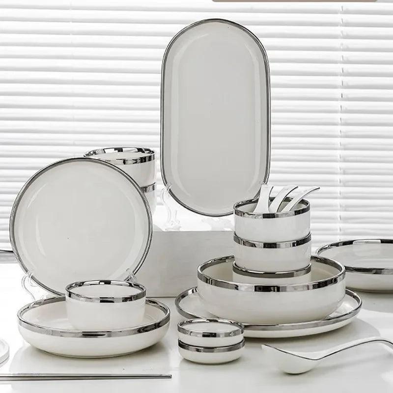 White Ceramic Plates With Silver Steak Serving Plate Bowls Ins Dinnerware set