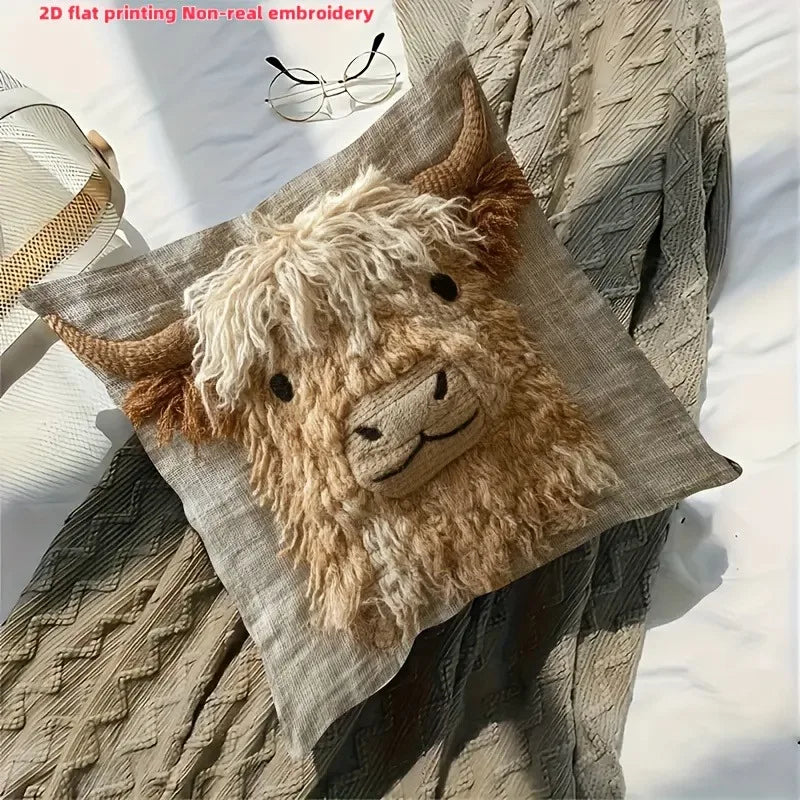 Cute Highland Cow Design 2D Flat-Printed Pillow Cover