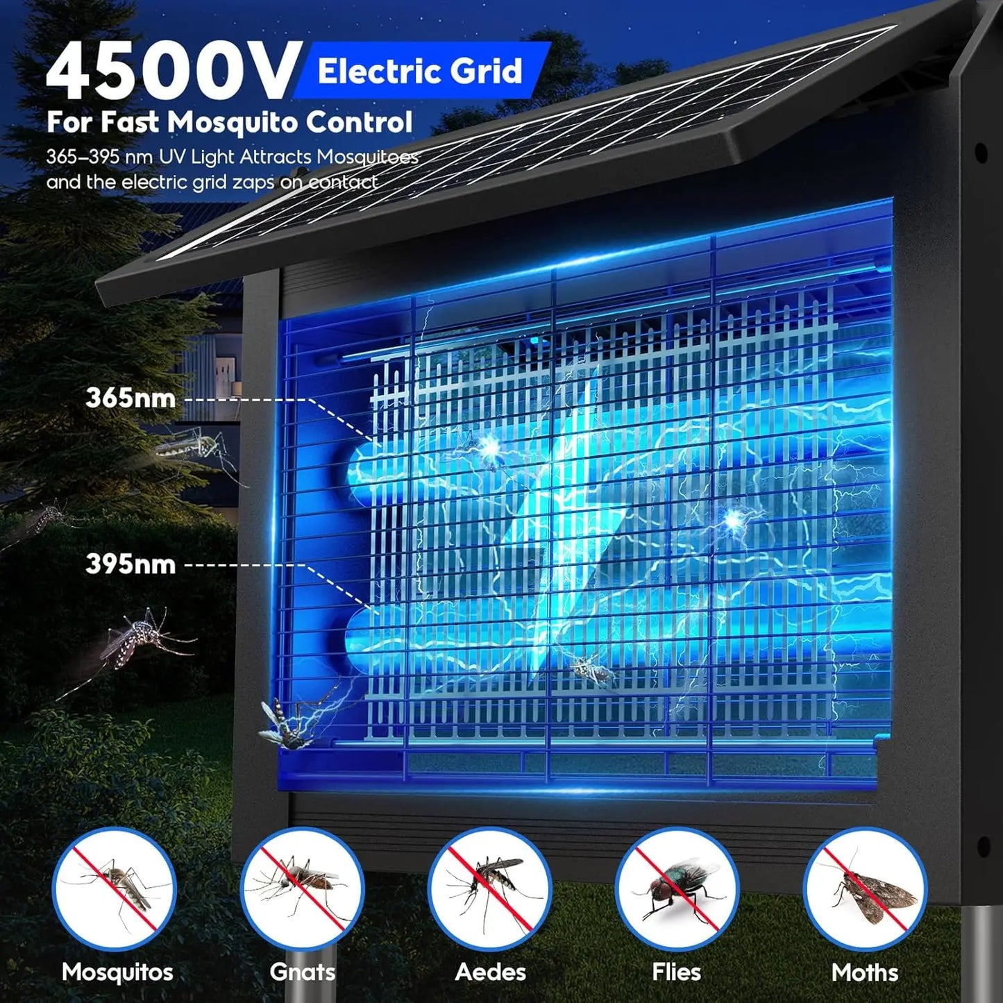 Solar Bug Zapper Outdoor, 4500V Electric Mosquito Zapper with Dual Solar Panels & USB Charging, Waterproof Fly Trap